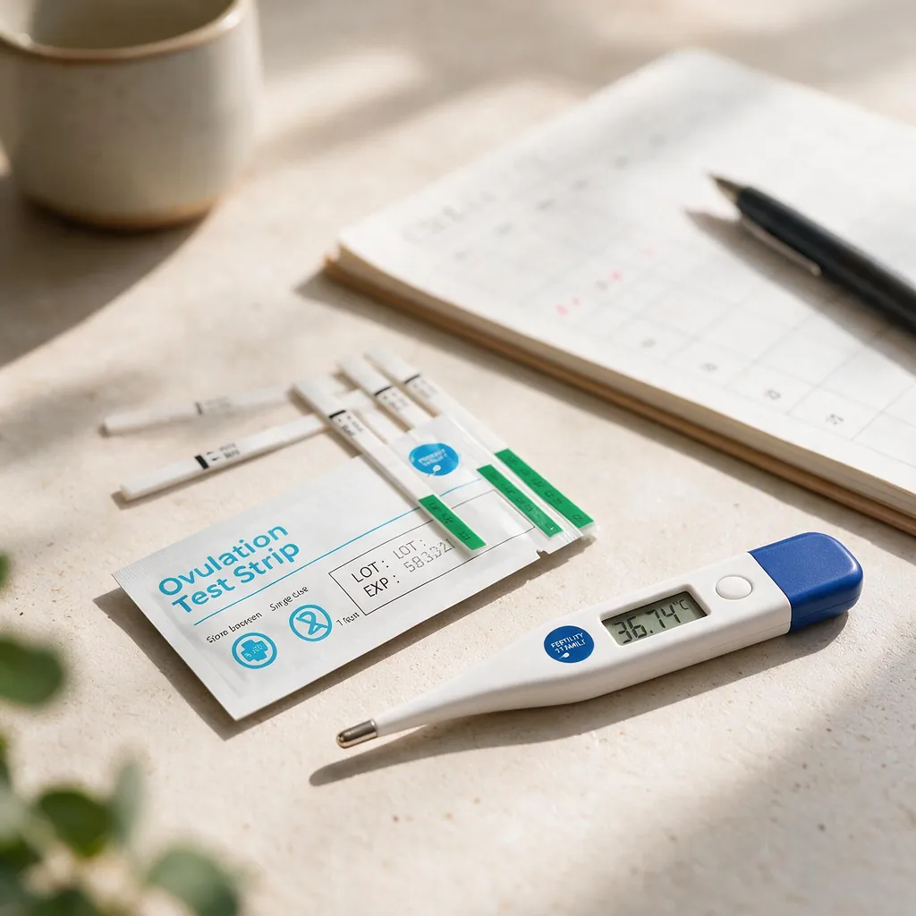 Woman using an ovulation test while tracking her fertile window at home