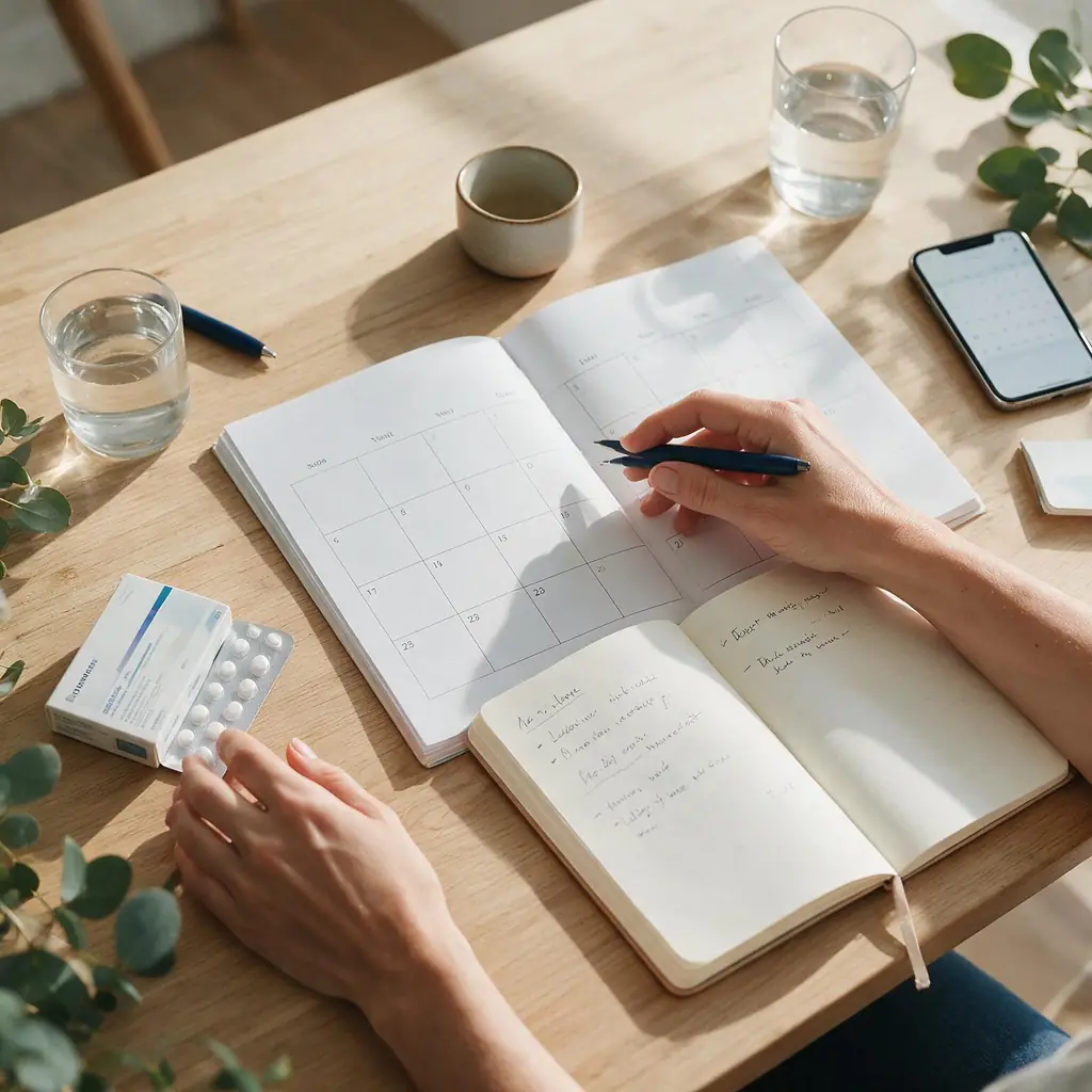 Cycle calendar and preconception checklist on a desk