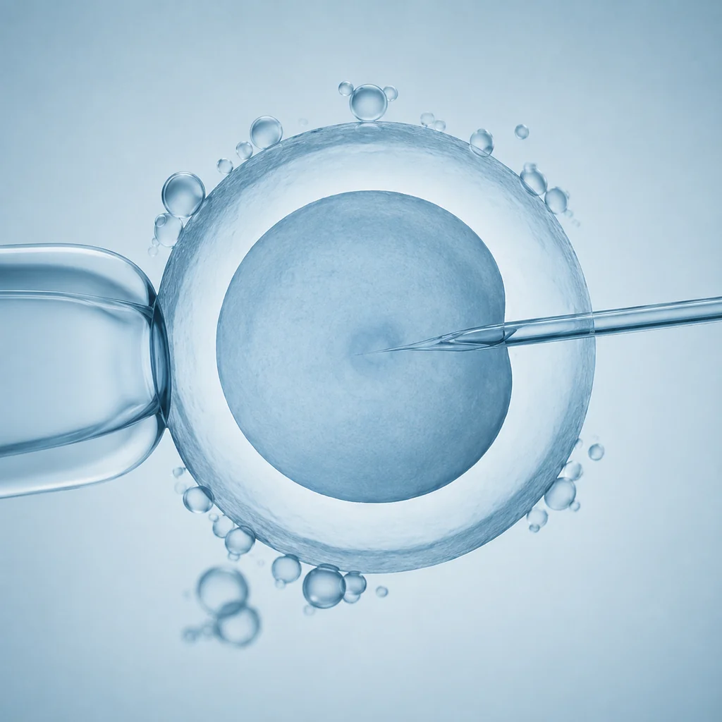 Laboratory illustration of a fine needle entering an egg cell during ICSI