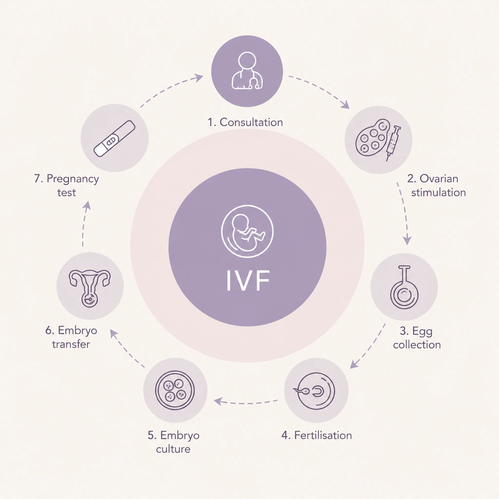 IVF treatment process graphic showing stages of fertility treatment.