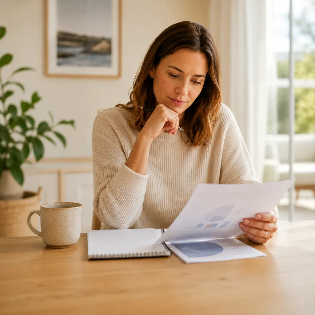 Woman reviewing IVF treatment information and planning questions for a fertility appointment.