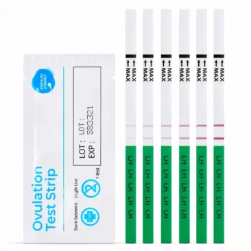 Fertility2Family ovulation test strips showing faint to dark LH surge progression lines for cycle tracking in Australia.