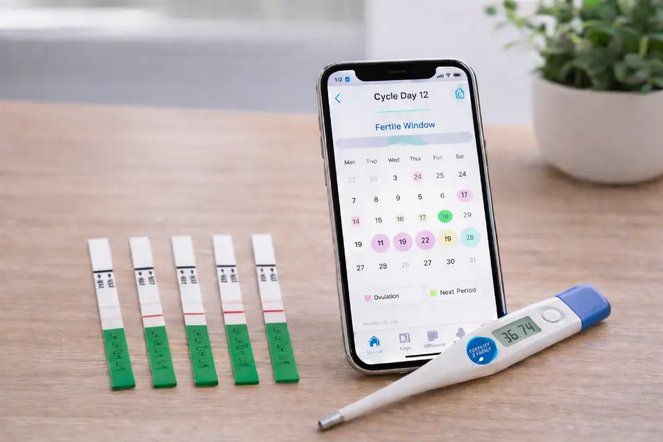 Ovulation test strips with fertility tracking app and basal thermometer on a table for home ovulation testing in Australia