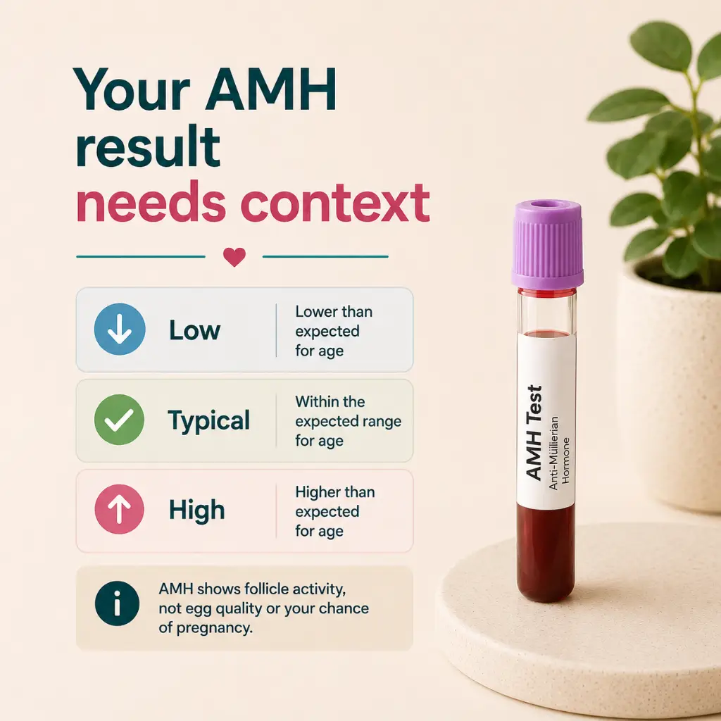 Low normal and high AMH result interpretation in Australia for PCOS, PMOS, ovarian reserve and fertility planning context.