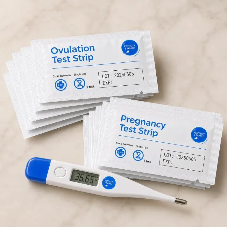 Fertility2Family fertility kit with ovulation test strips, pregnancy test strips and BBT thermometer