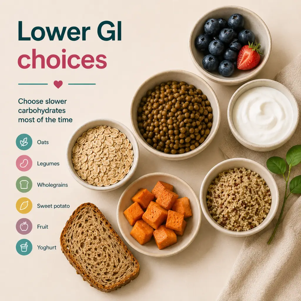 Low GI foods for PCOS and PMOS in Australia including oats, legumes, whole grains, yoghurt, fruit and slower carbohydrates.