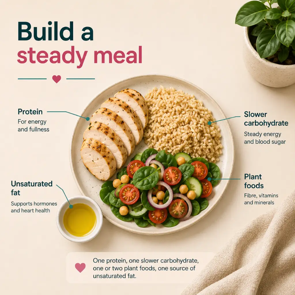 PCOS meal plan Australia with PMOS balanced plate using vegetables, protein, lower GI carbohydrates and unsaturated fats.