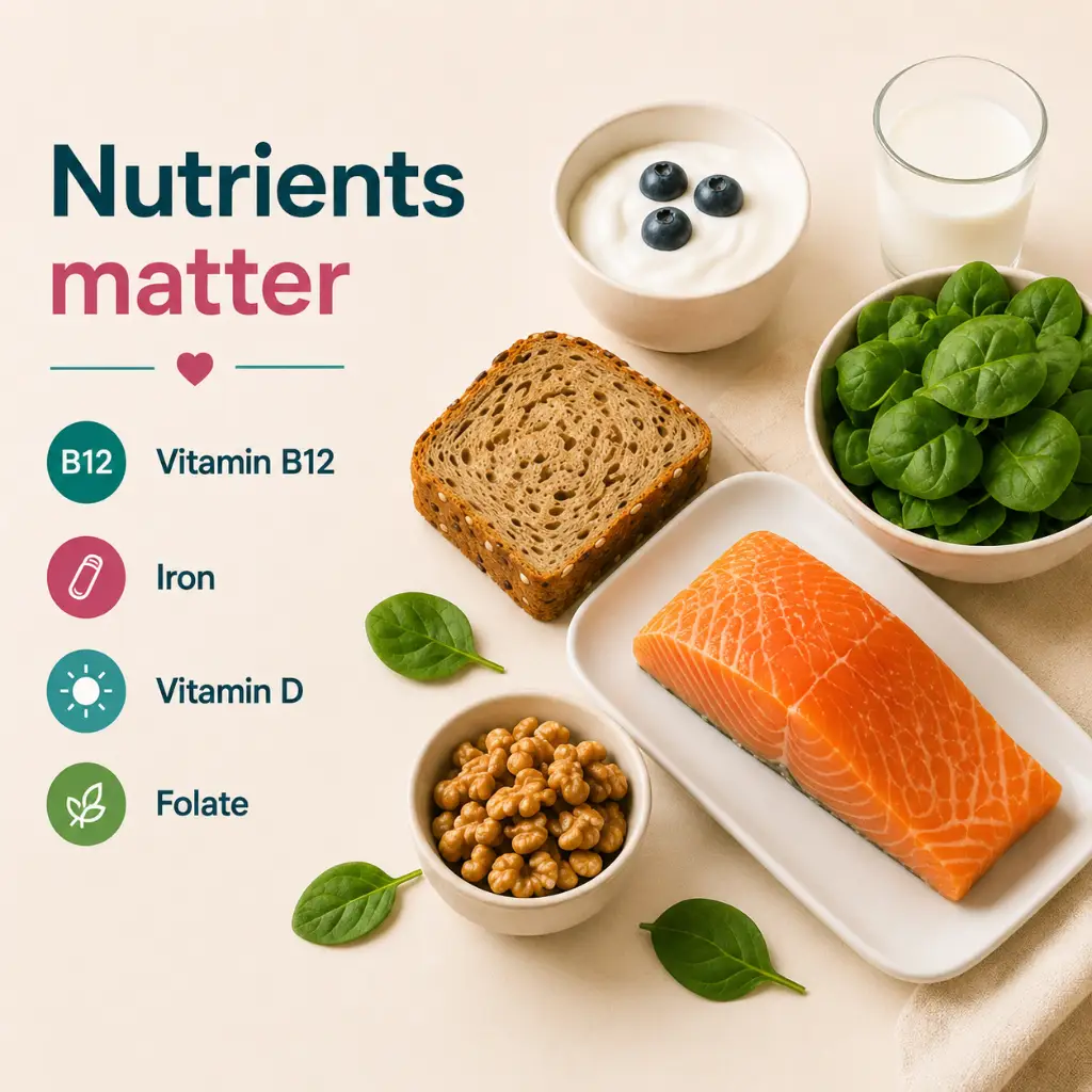 PCOS and PMOS nutrients in Australia including B12 iron vitamin D folate omega 3 and pregnancy nutrition considerations.