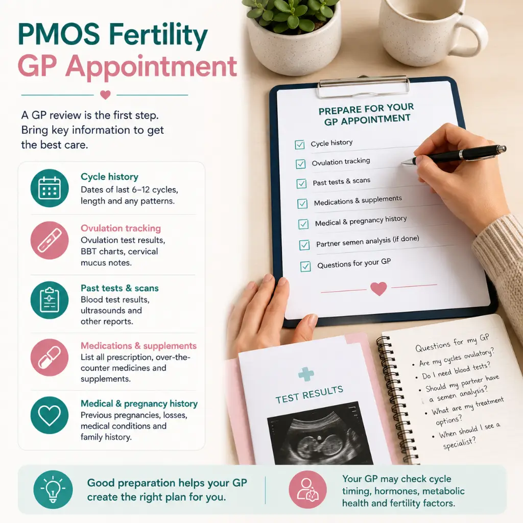 PMOS fertility GP appointment in Australia with cycle dates, ovulation results and referral questions for PCOS now PMOS.
