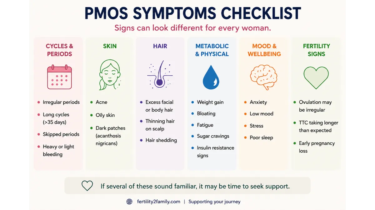 PMOS symptoms checklist for periods skin hair metabolism mood and fertility
