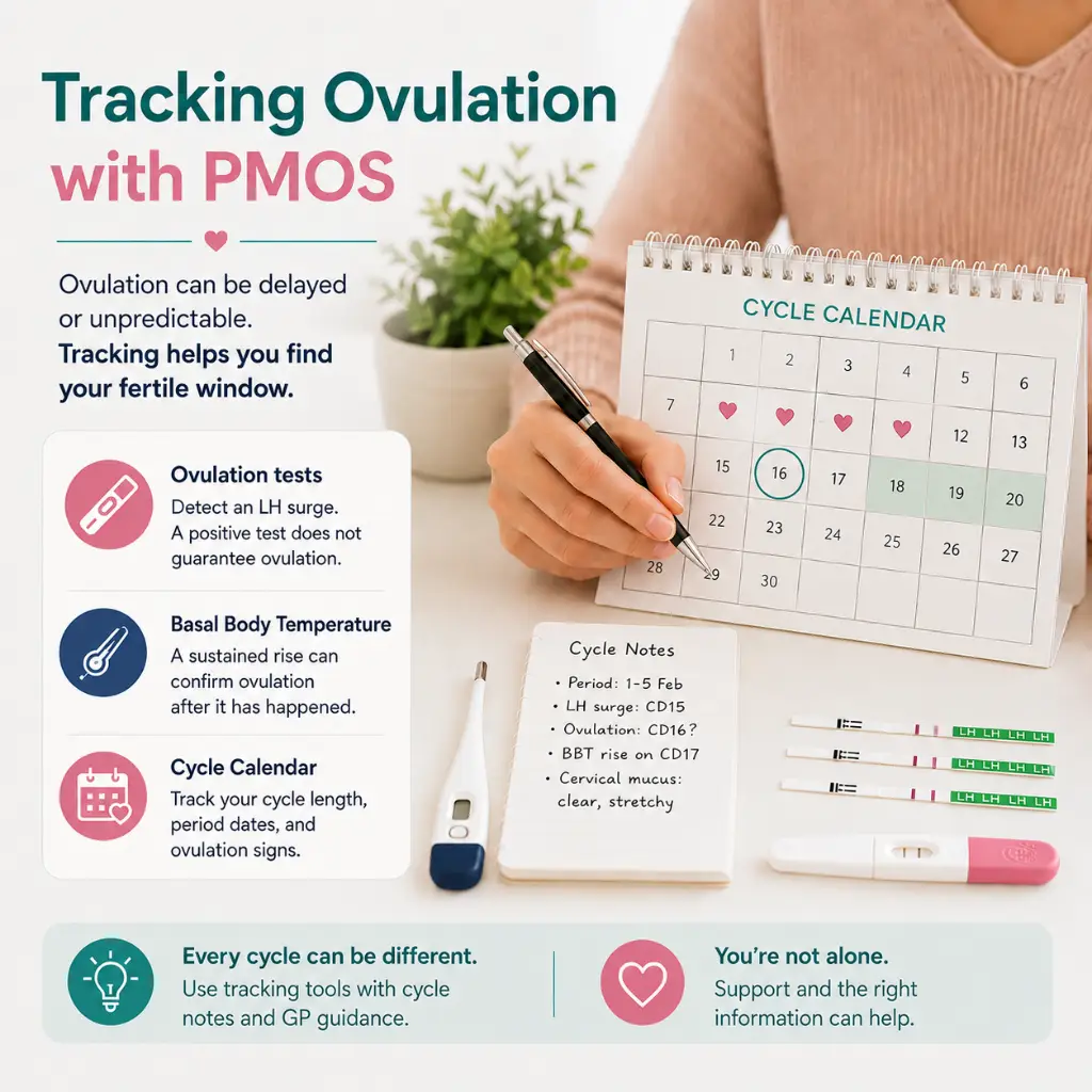 Tracking ovulation with PMOS in Australia using ovulation test strips, cervical mucus notes, BBT and pregnancy test timing.