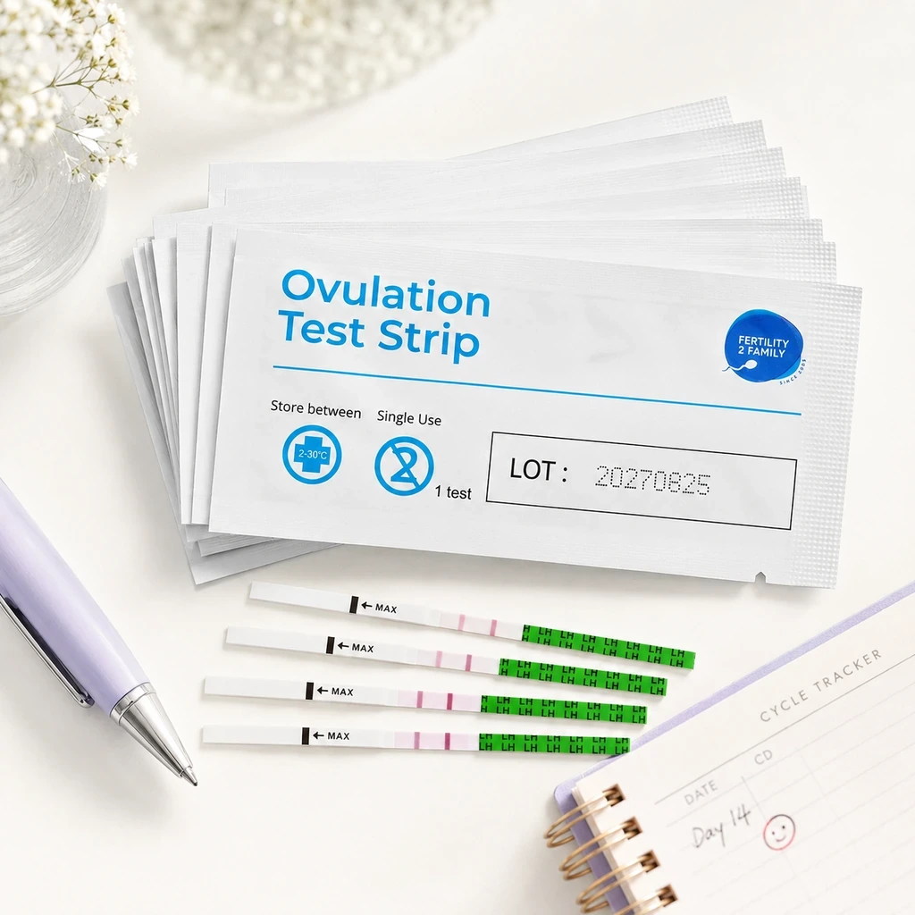 Bulk ovulation test strips with cycle tracking guide