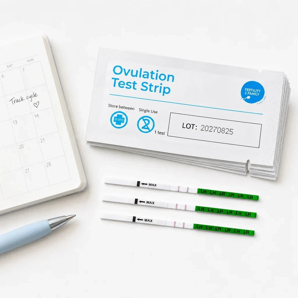 Fertility2Family ovulation test strips with cycle tracking flat lay