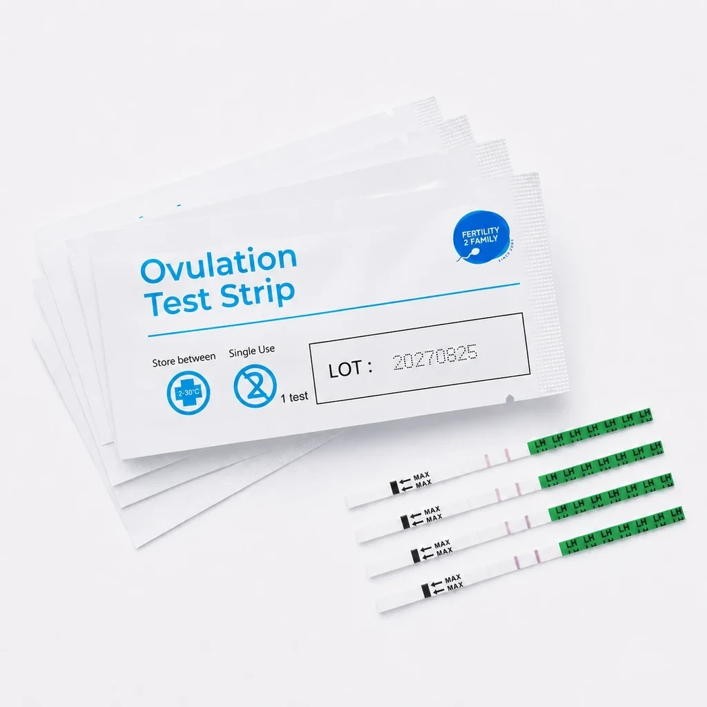 Fertility2Family ovulation test strips packaging flat lay