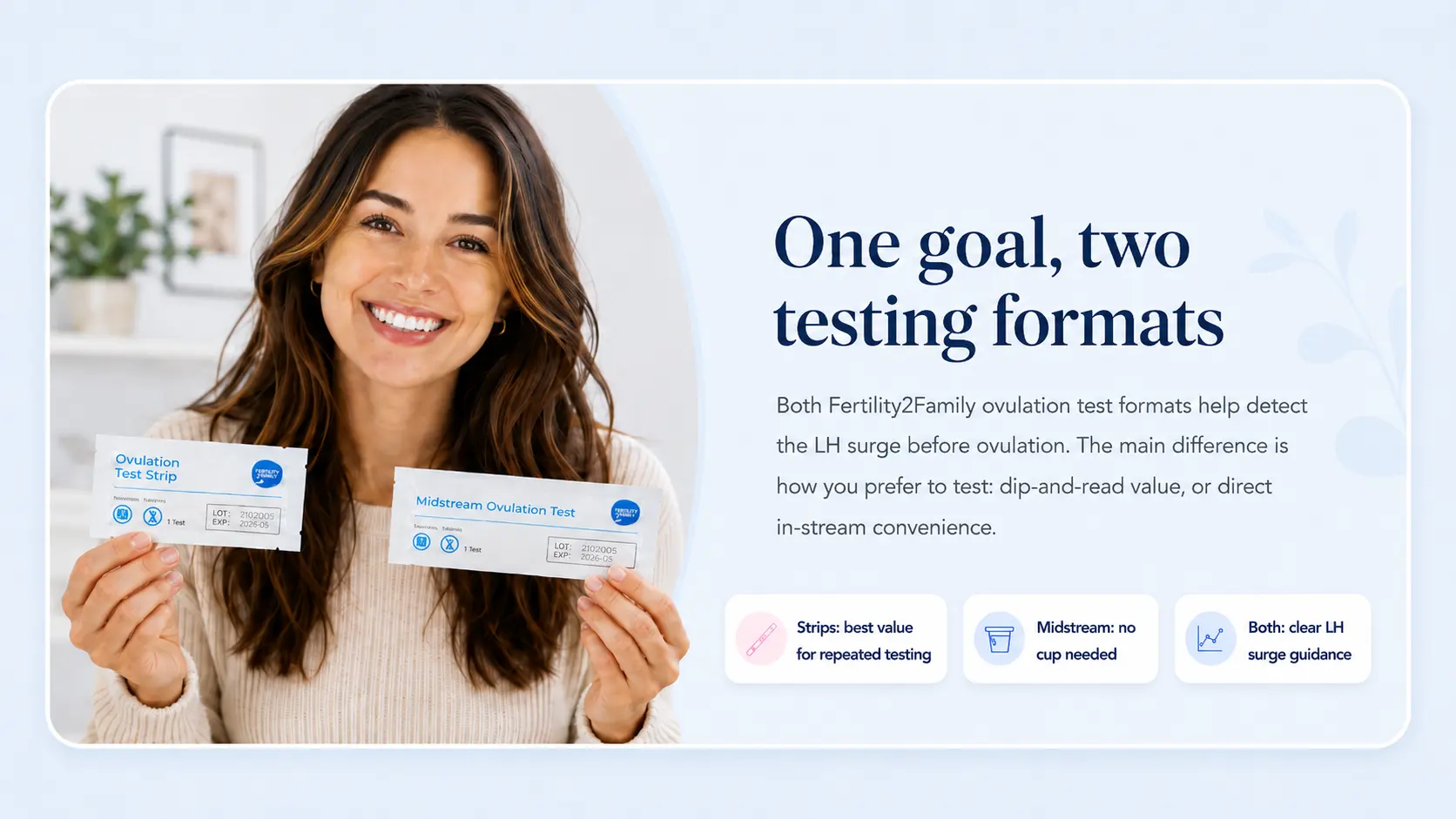 Fertility2Family ovulation test strip and midstream ovulation test comparison