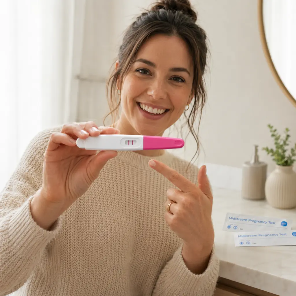 Woman holding positive midstream pregnancy test Australia