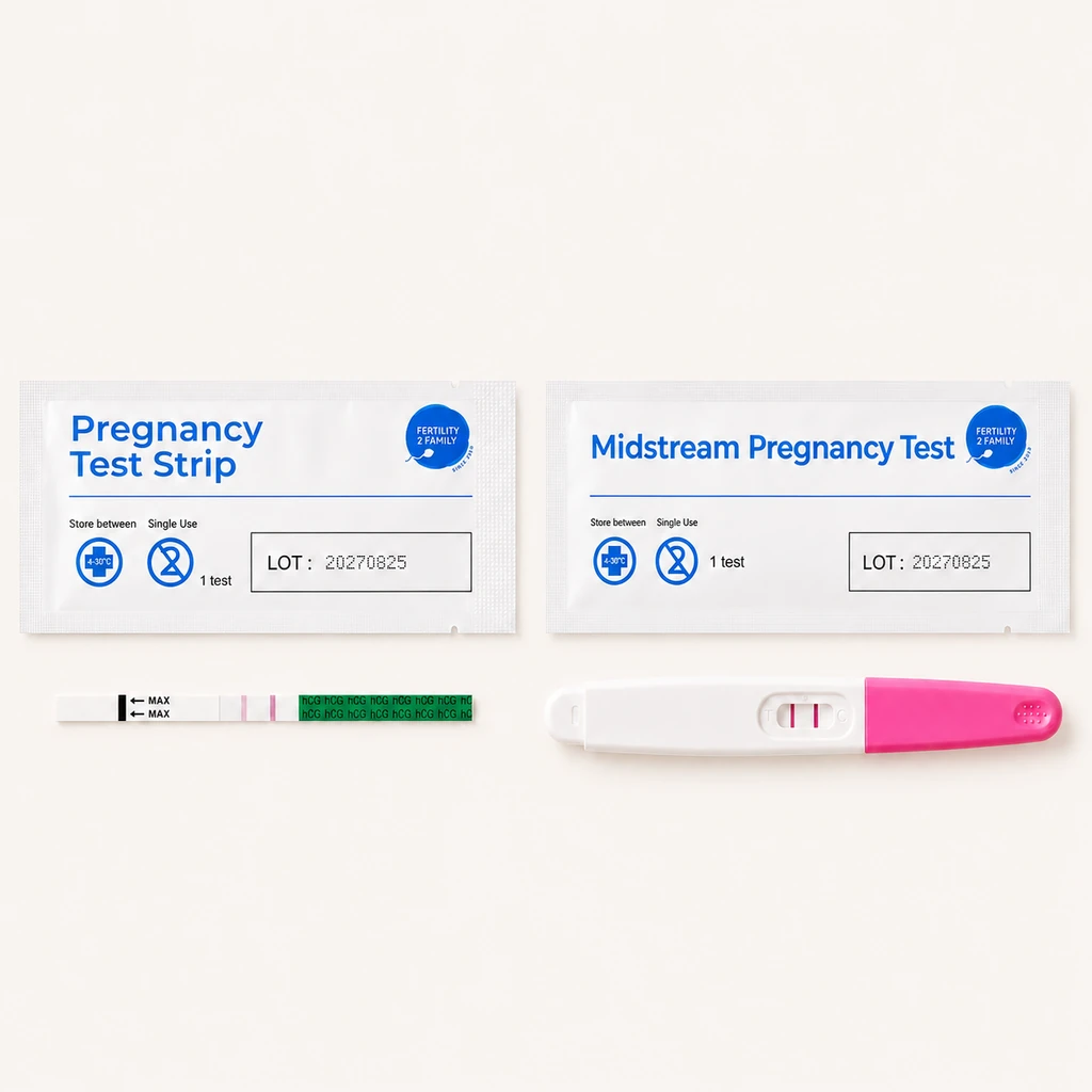 Fertility2Family pregnancy test strip and midstream pregnancy test with visible pink result lines beneath sealed packets