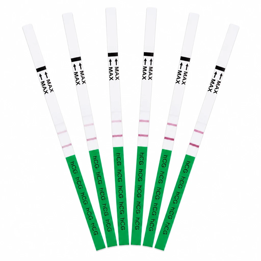 Pregnancy test strips line progression fan for early home testing