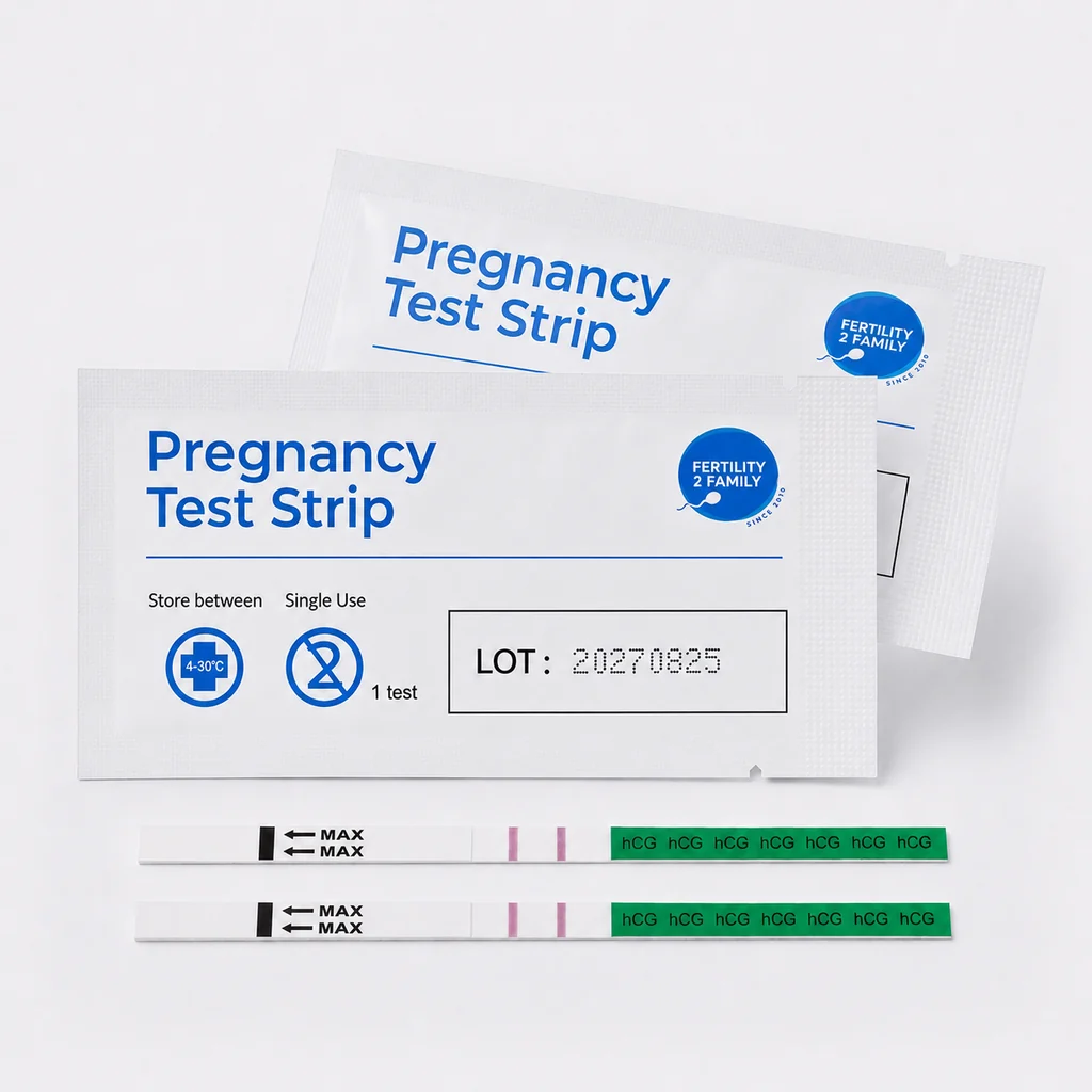 Two pregnancy test strips and sachets for home hCG testing Australia