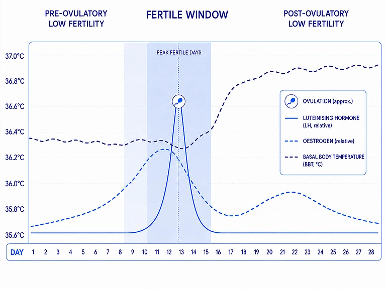 Basal body temperature chart with LH surge and post-ovulation temperature rise for luteal phase tracking