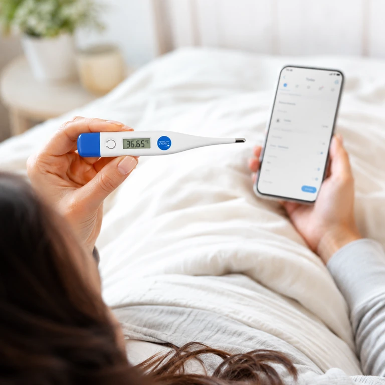 Fertility2Family basal thermometer used with a cycle tracking app for BBT charting