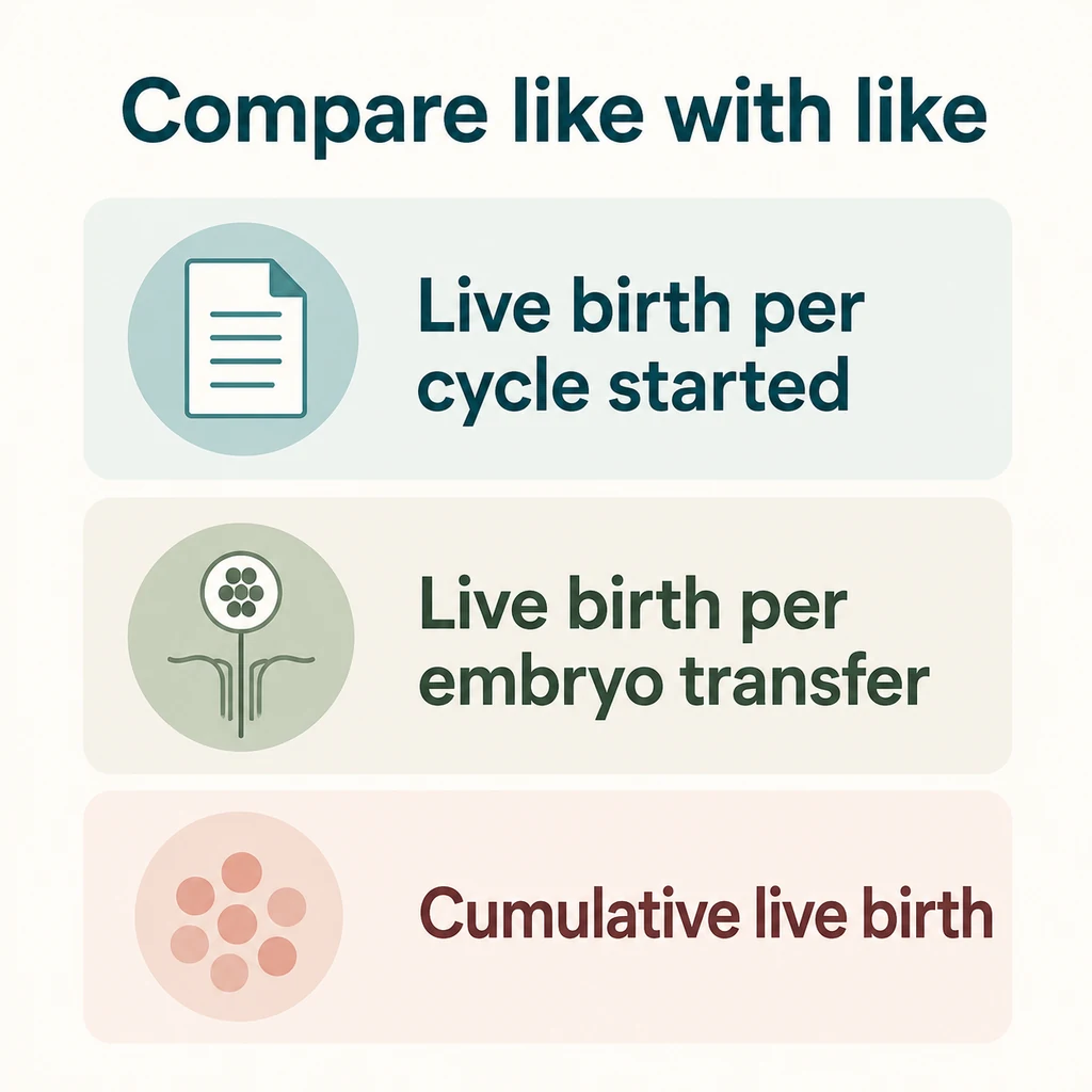 Infographic comparing live birth per cycle started, per embryo transfer and cumulative live birth.