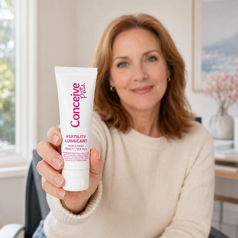 Woman holding a Conceive Plus 75 mL fertility lubricant tube