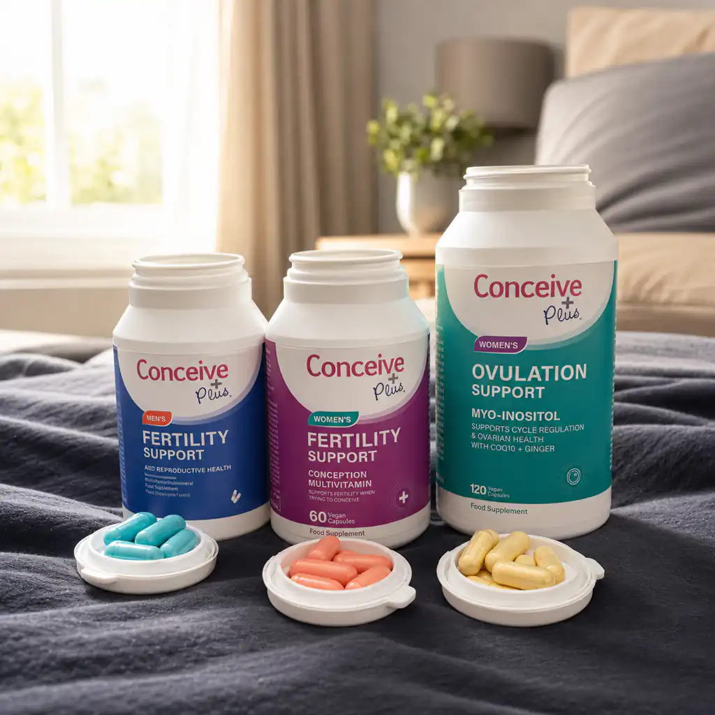 Women’s and men’s Conceive Plus fertility support products used by both partners — customer review visual