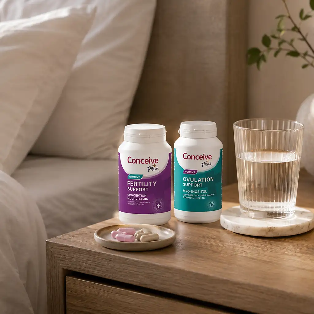 Conceive Plus Women's Fertility Support and Ovulation Support beside water as part of a daily routine