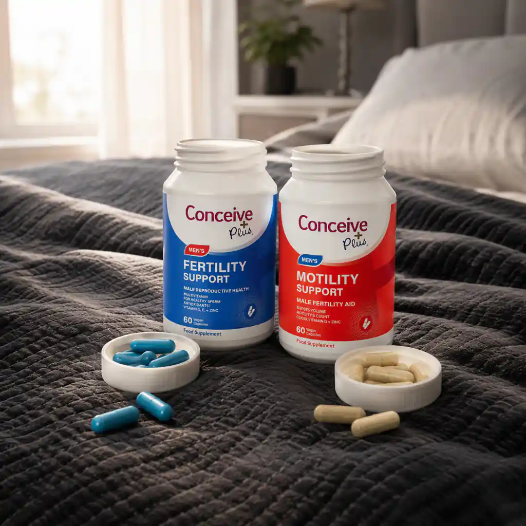 Open Conceive Plus Men’s Fertility Support and Motility Support bottles in Australia