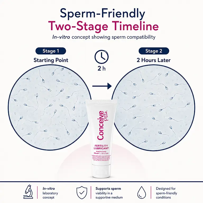 Two-stage in-vitro Conceive Plus sperm-compatibility timeline from initial exposure to two hours