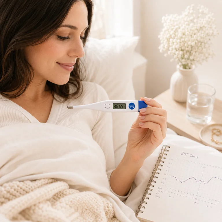 Digital basal thermometer reading with BBT chart notebook