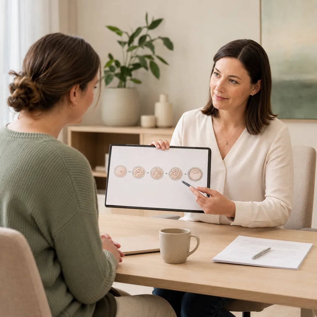 Fertility clinician explaining embryo development stages during an IVF review appointment.