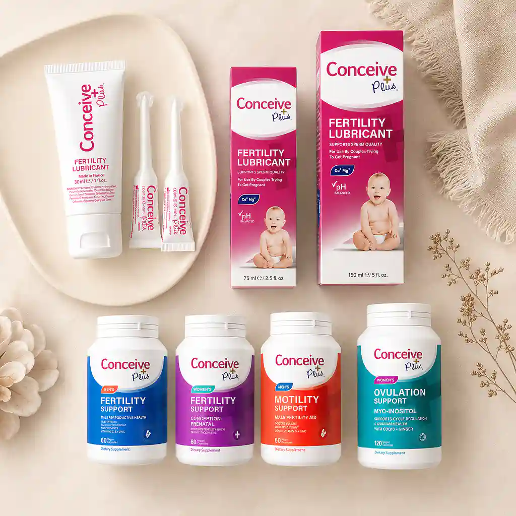 Conceive Plus fertility vitamins and lubricant range in a flat lay — customer review visual