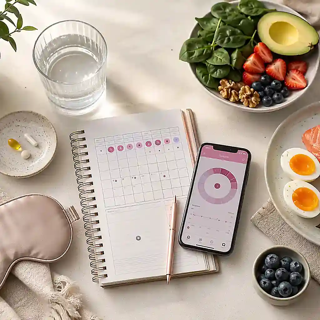 Preconception wellness routine with cycle tracking, nutritious food and supplements
