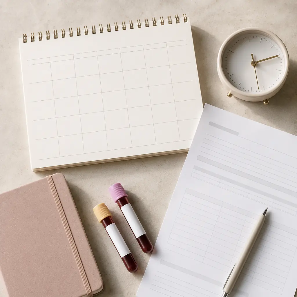Calendar, clock, blood tubes and pathology paperwork for fertility hormone test timing
