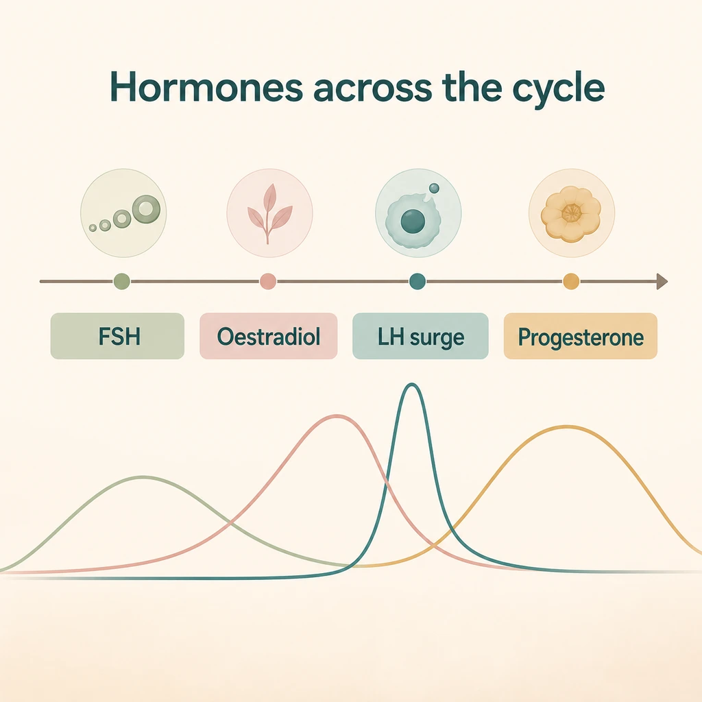 Educational menstrual-cycle graphic showing FSH, oestradiol, the LH surge and progesterone