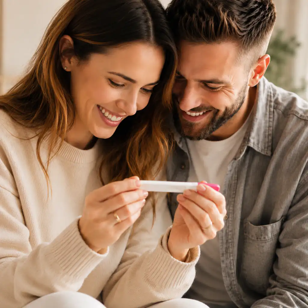 Couple looking together at a positive pregnancy test during their fertility journey