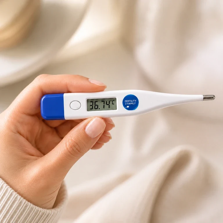 Optional A$15 add-on: Fertility2Family basal thermometer showing a 0.01 degree Celsius BBT reading