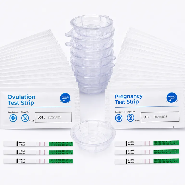 50 ovulation and 50 pregnancy test strips with 100 urine collection cups