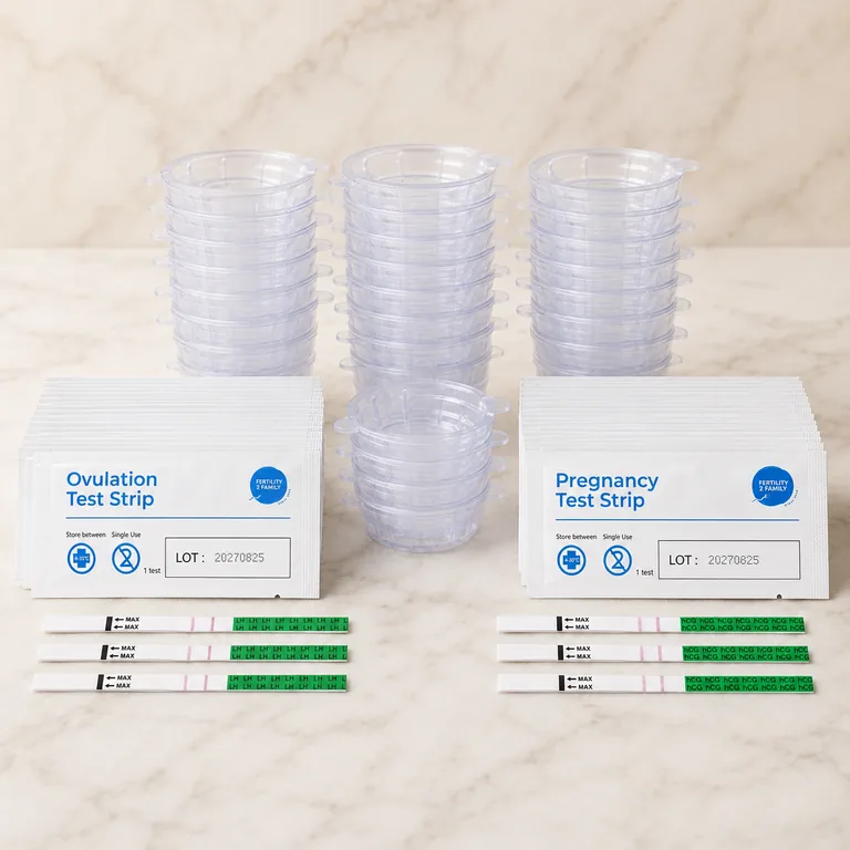 Fertility2Family fertility test kit with 50 ovulation strips, 50 pregnancy strips and urine cups