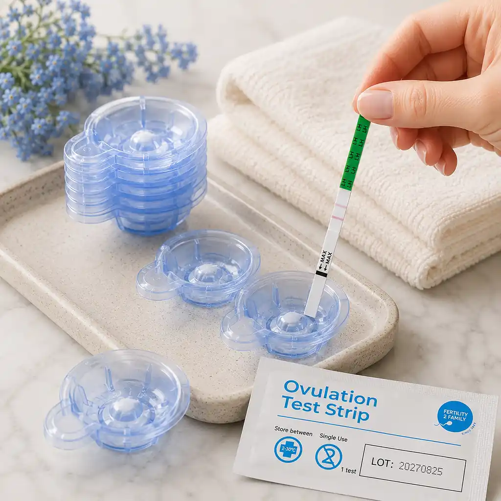 Handled urine collection cups with ovulation strip testing setup