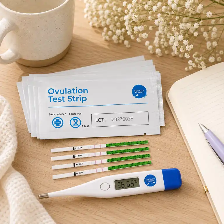 Fertility2Family ovulation test strips and BBT thermometer for cycle tracking while trying to conceive