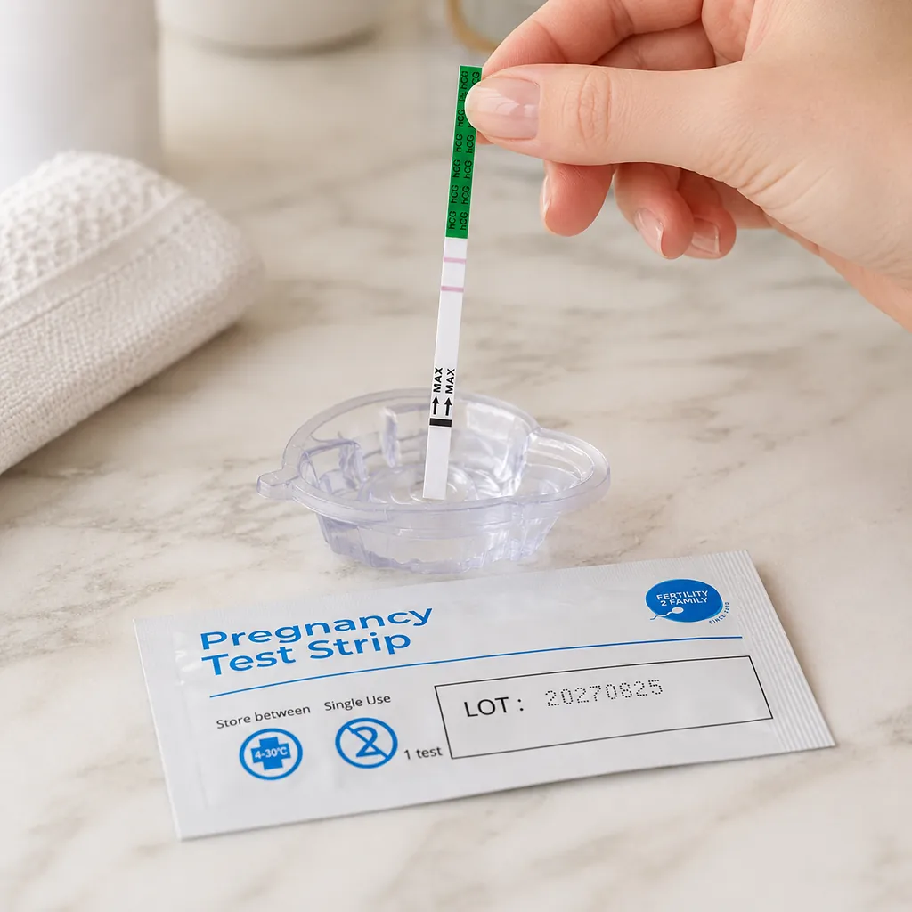 Pregnancy test strip dipping into a small urine collection cup