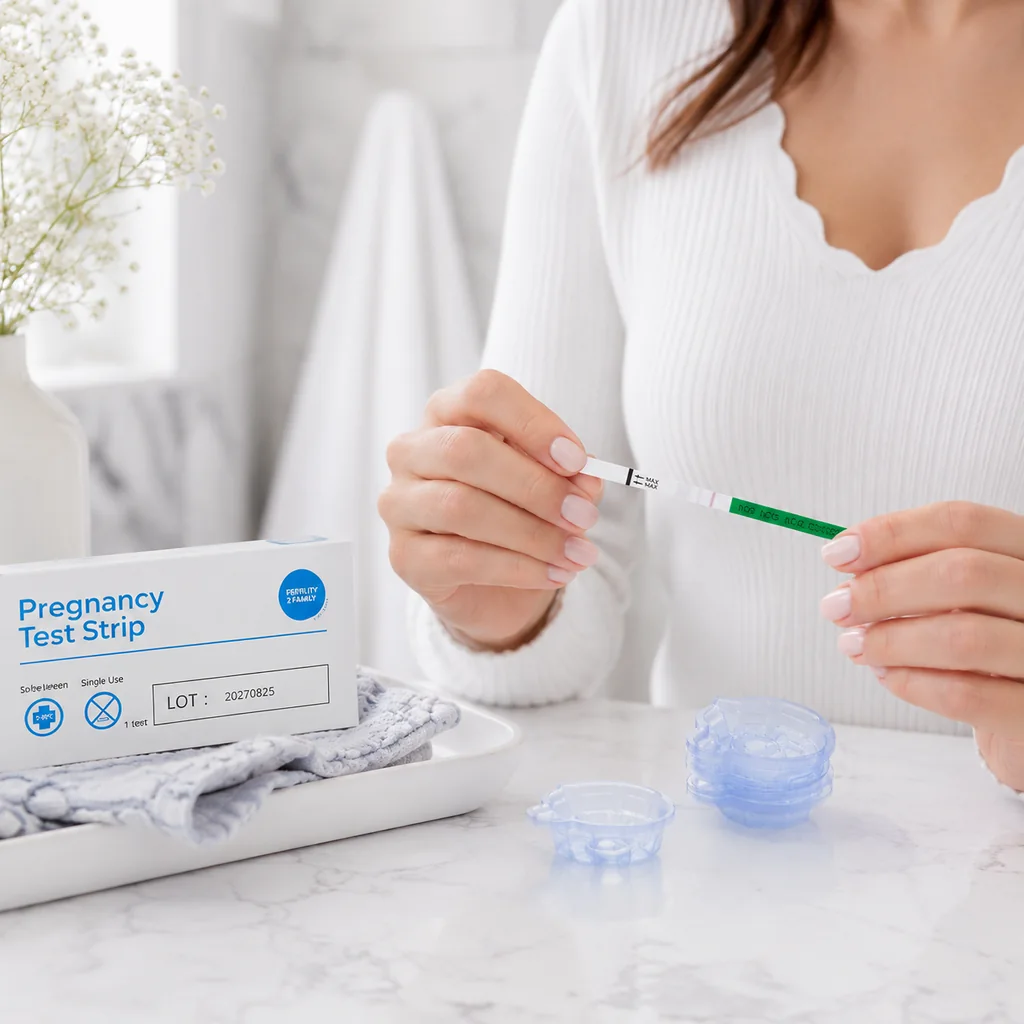 Pregnancy test strip result after using a urine collection cup