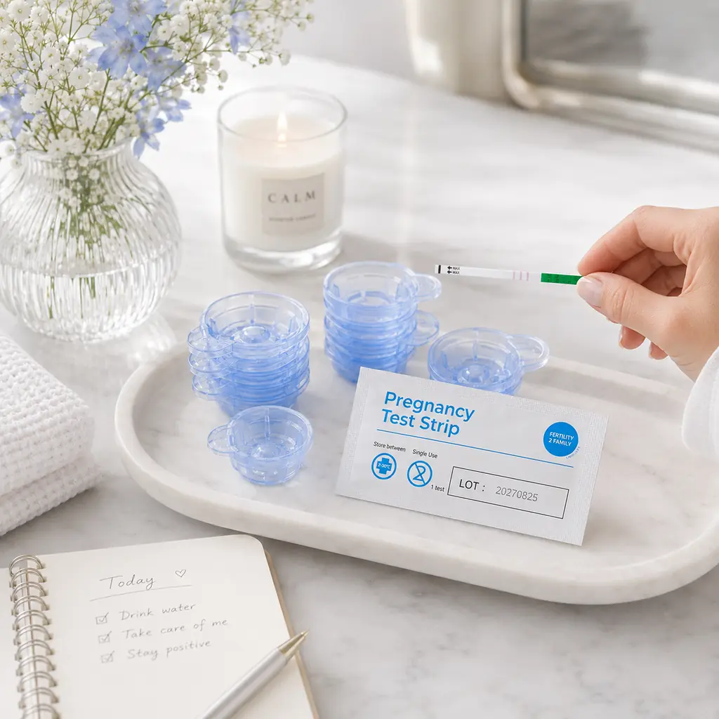 Urine collection cups with pregnancy test strip timing guide