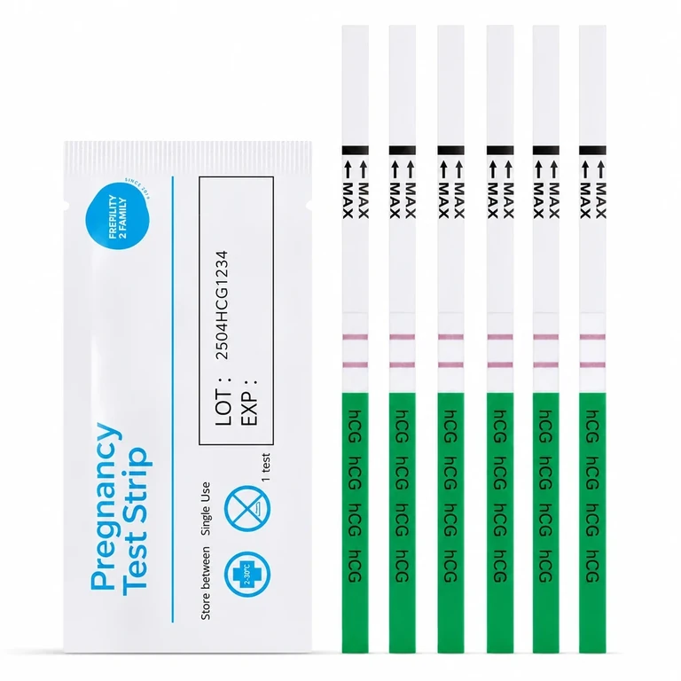 Pregnancy test strip packets with multiple hCG test strips