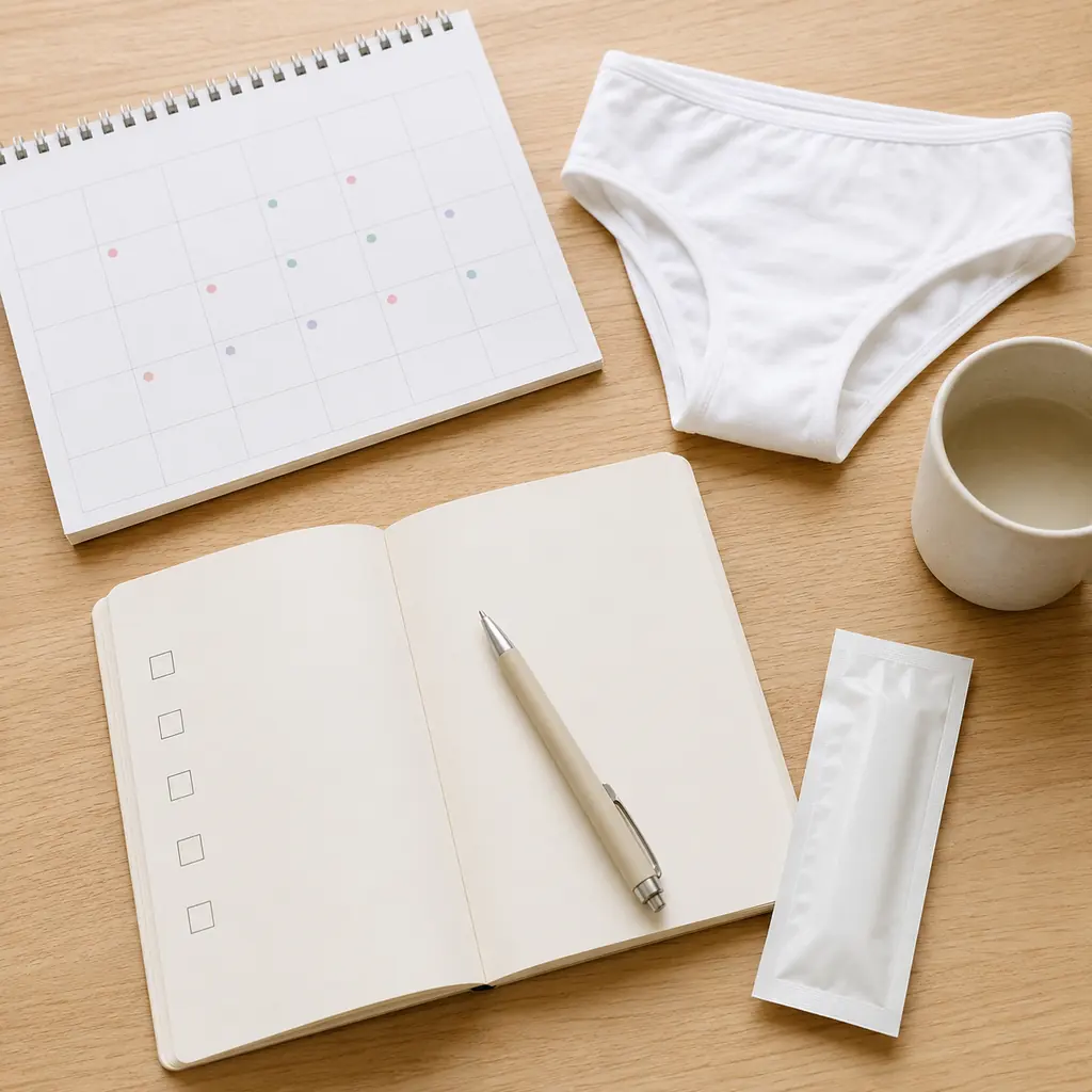 Flat lay of white underwear, a cycle calendar, notebook and wrapped swab