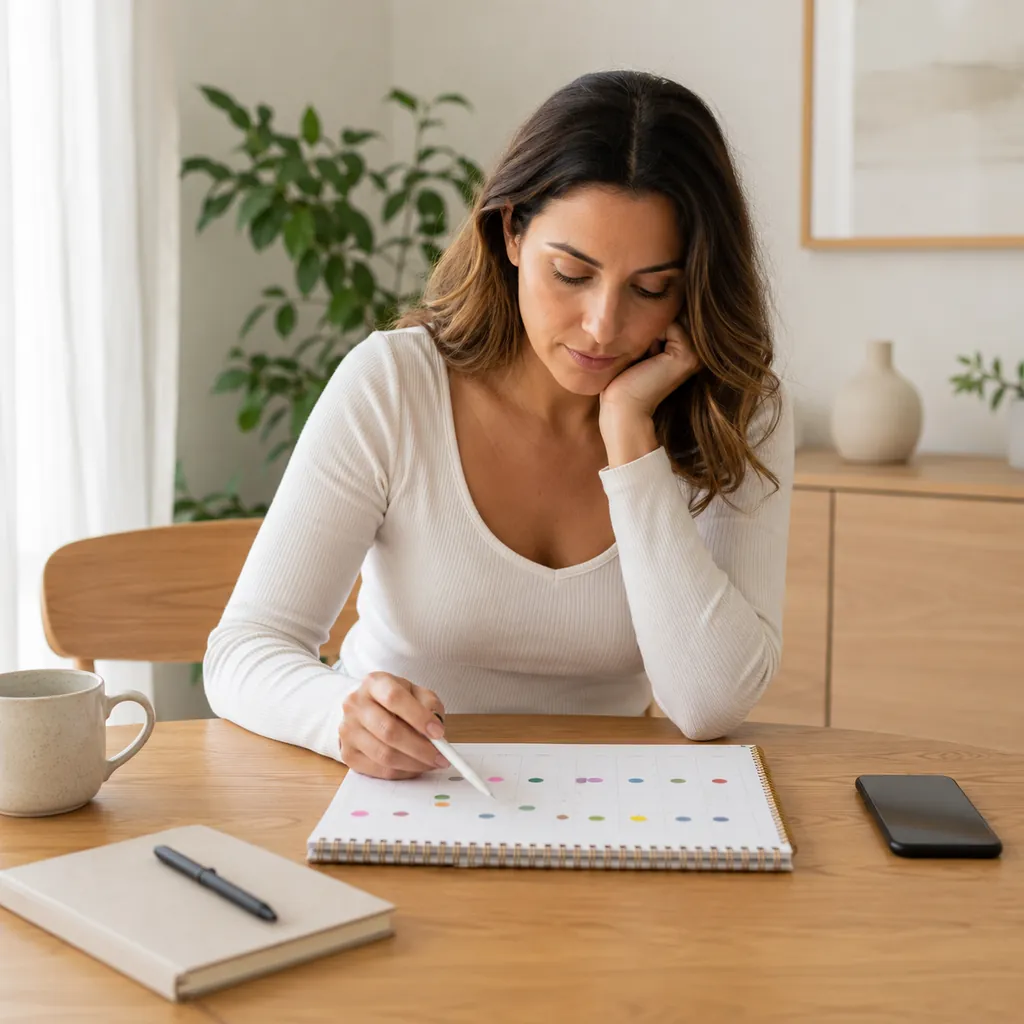 Woman marking coloured dates on a menstrual-cycle calendar at a table