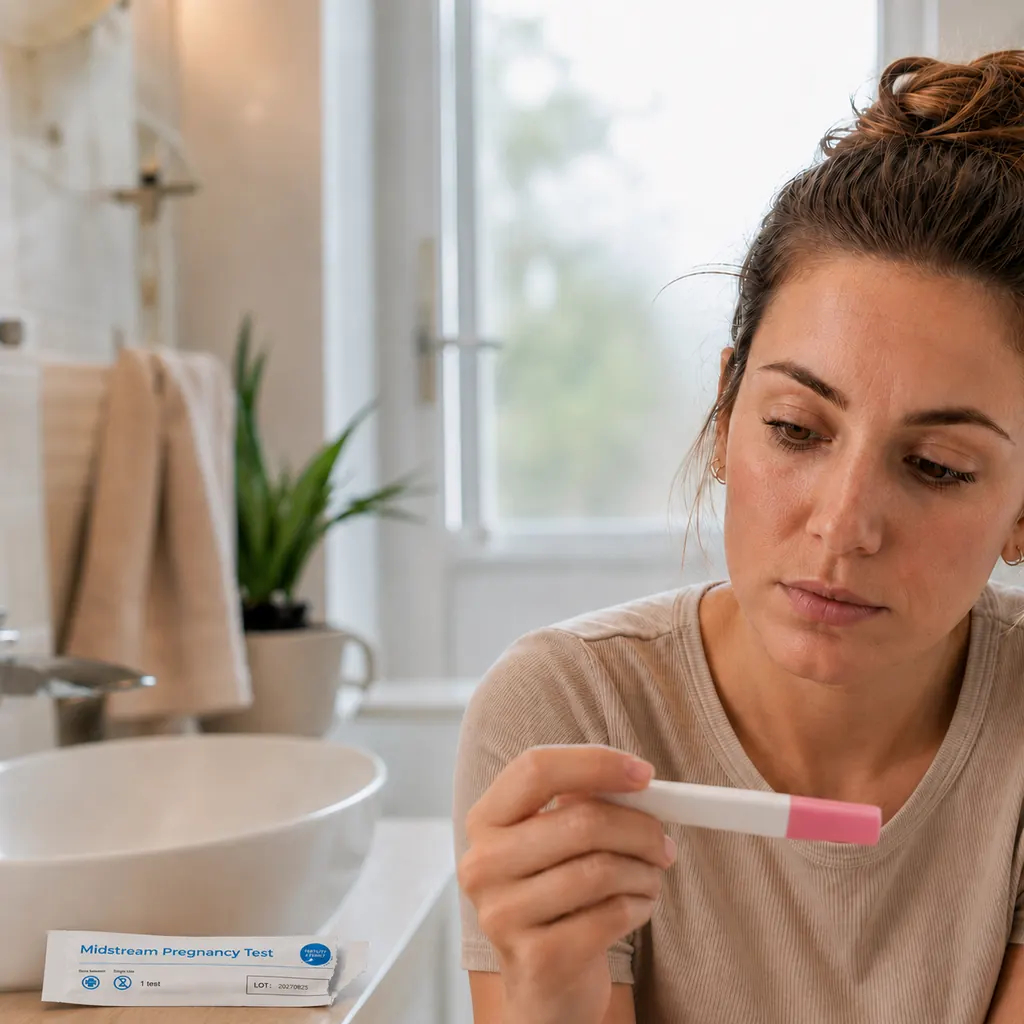 Woman reading a home pregnancy test after noticing milky white discharge